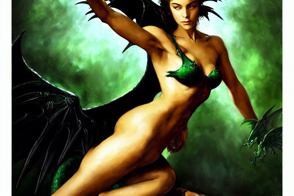 Fantasy Artwork: Female Figure with Dragon Wings and Armor on Dark Green Background