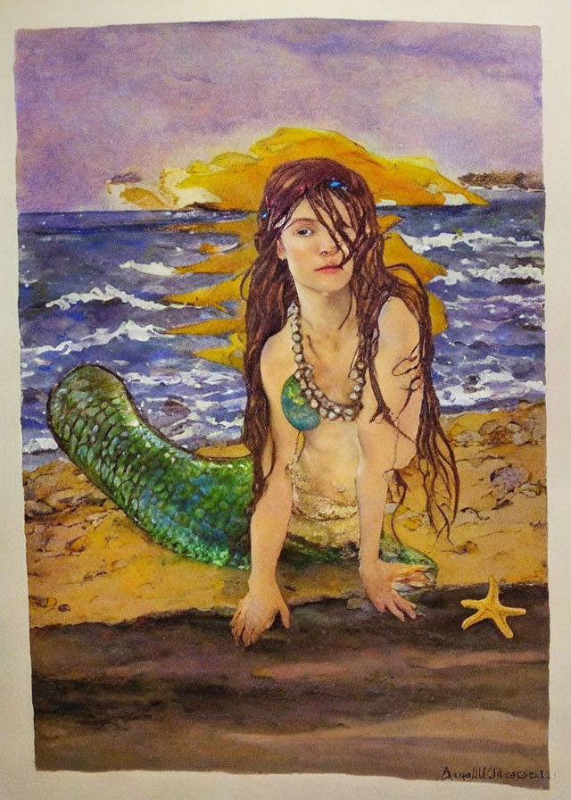Mermaid painting with green tail on beach, yellow sky, brown hair, pearl necklaces