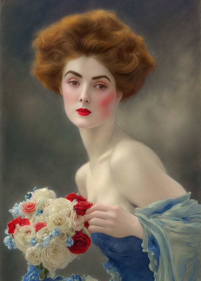 Portrait of Woman with Voluminous Reddish Hair and Bouquet of Roses