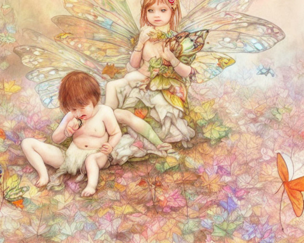 Illustration of young fairy-like children with wings among colorful autumn leaves