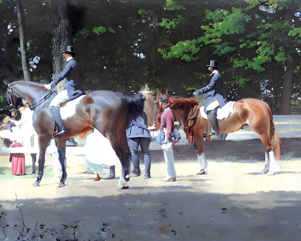 Equestrians in formal attire on horses in sunny arena with spectators.