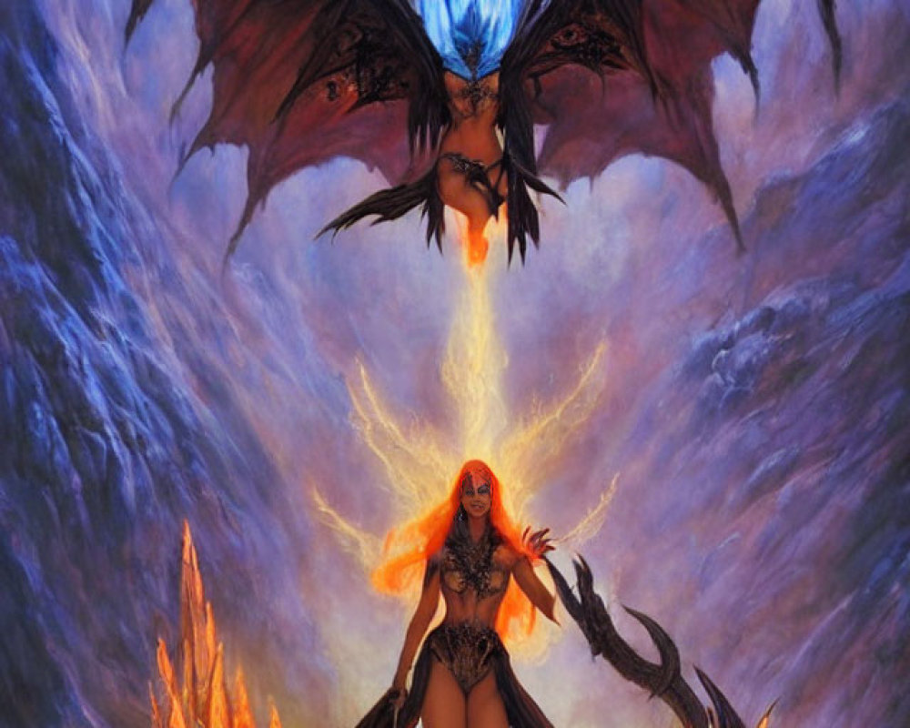 Fantasy scene: Winged female and blue dragon with fiery elements