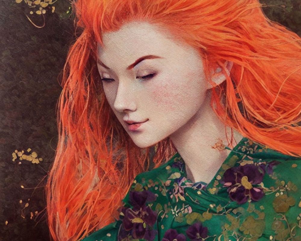 Illustration: Woman with Orange Hair & Green Garment on Textured Background