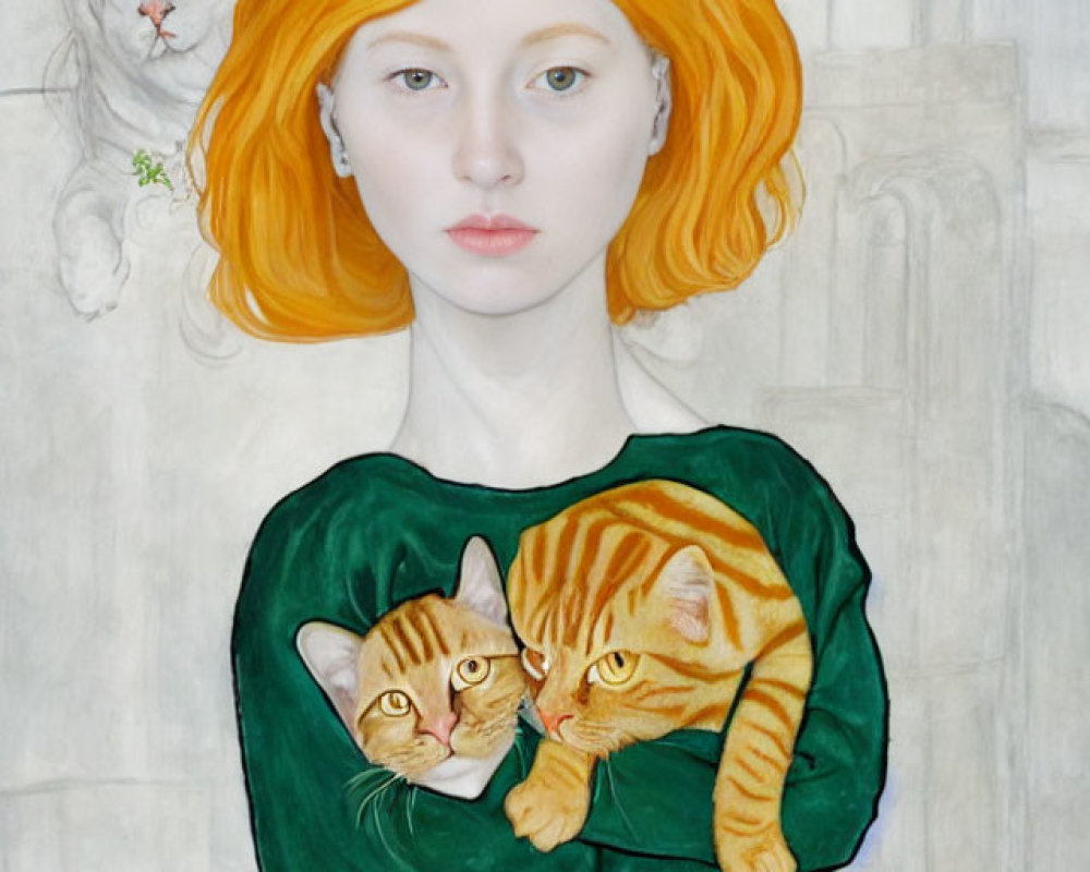 Woman with Bright Orange Hair Holding Cats: Orange Tabby Cats and White Cat Sleeping on Head