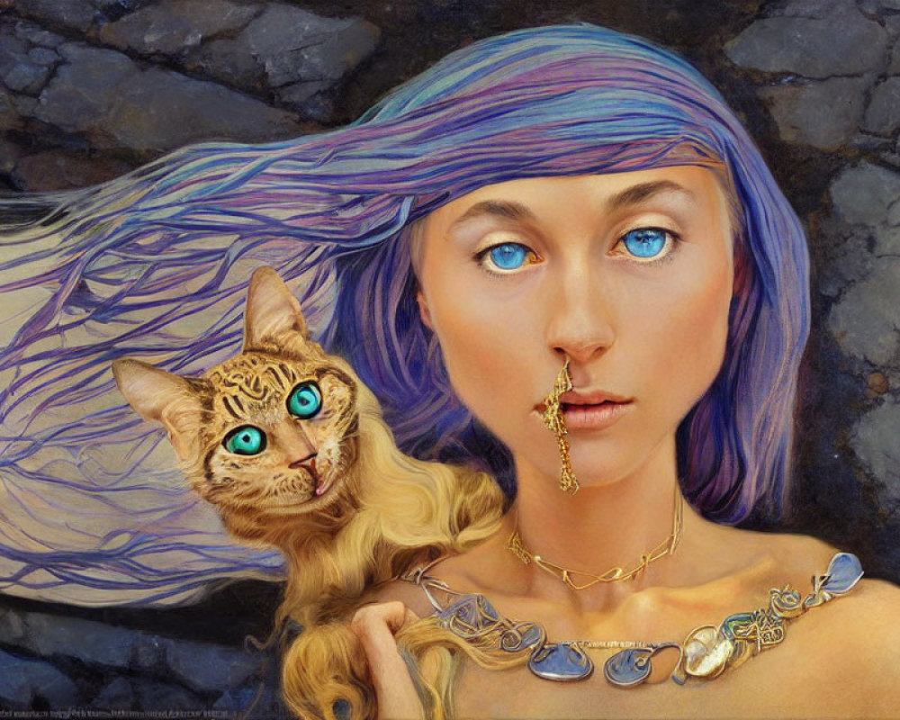Woman with Blue Eyes and Multicolored Hair Holding Blue-Eyed Cat on Stony Background