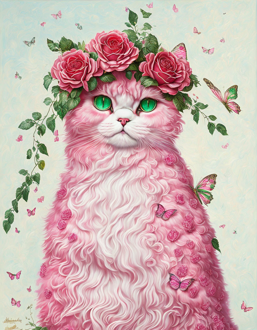 Pink Fluffy Cat with Green Eyes and Flower Crown Illustration