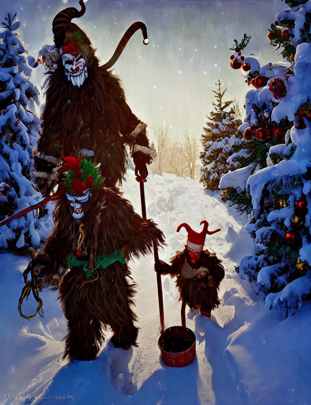 Two Krampus Figures in Snowy Landscape with Decorated Trees