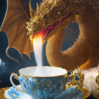 Golden dragon breathing steam into teacup with peacock, flowers, and castle.