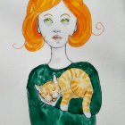 Woman with Bright Orange Hair Holding Cats: Orange Tabby Cats and White Cat Sleeping on Head