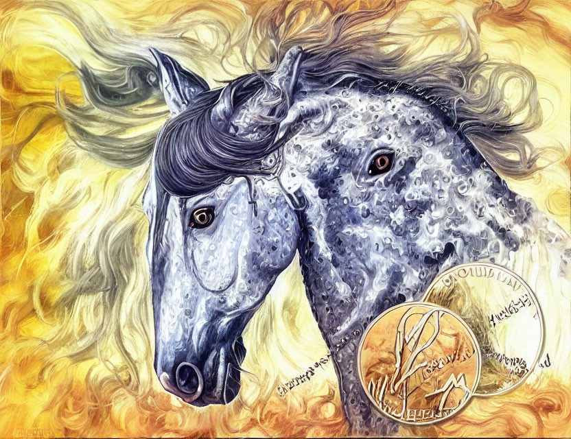 Colorful Blue Horse with Spiral Horn on Golden Swirl Background