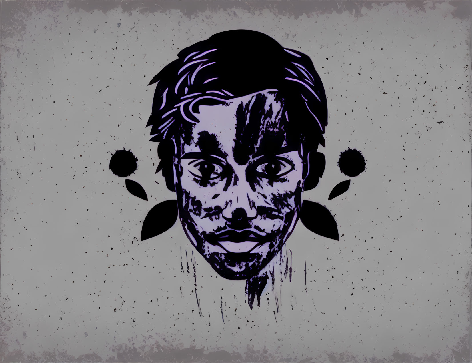 Stylized purple and black face graphic on textured grey background