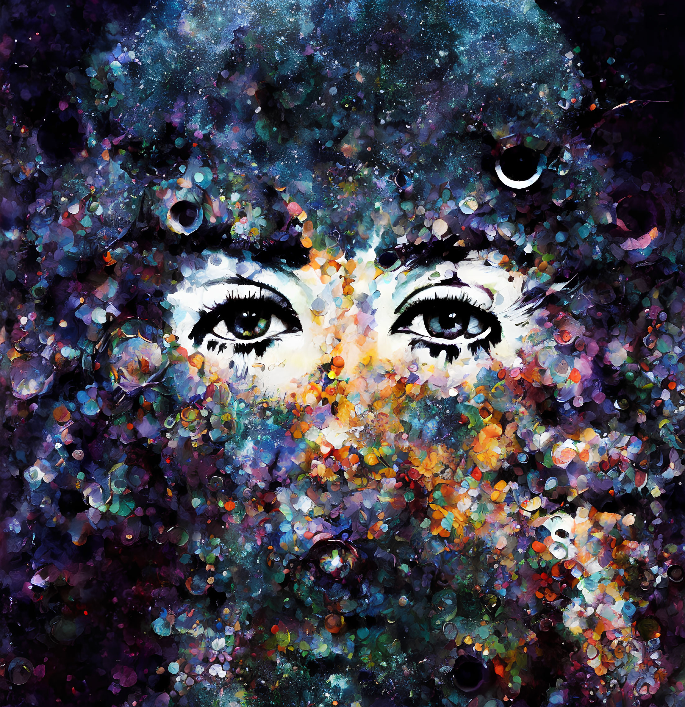 Colorful cosmic portrait of a woman with striking eyes in vibrant circles.