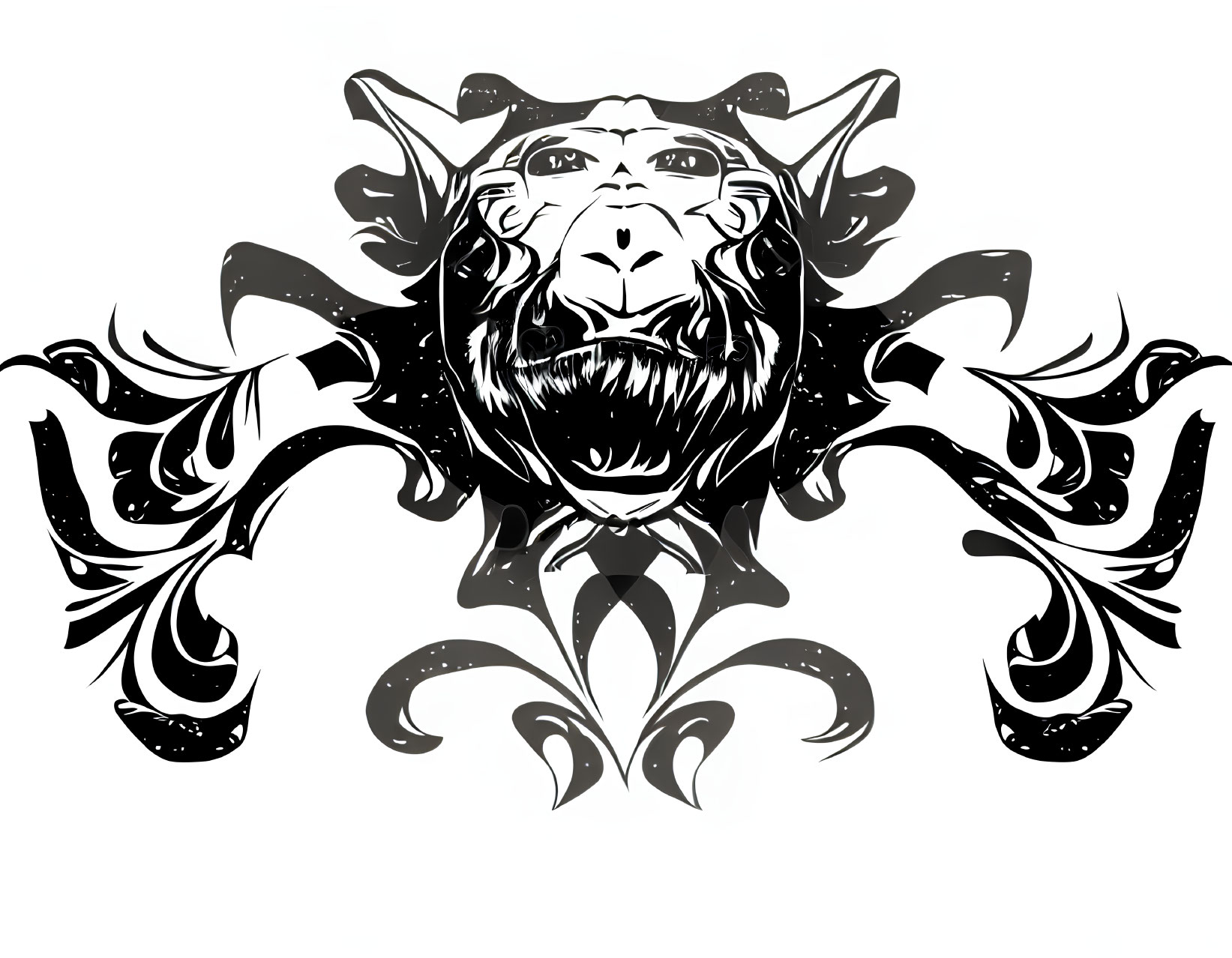 Symmetrical black and white lion head with tribal patterns