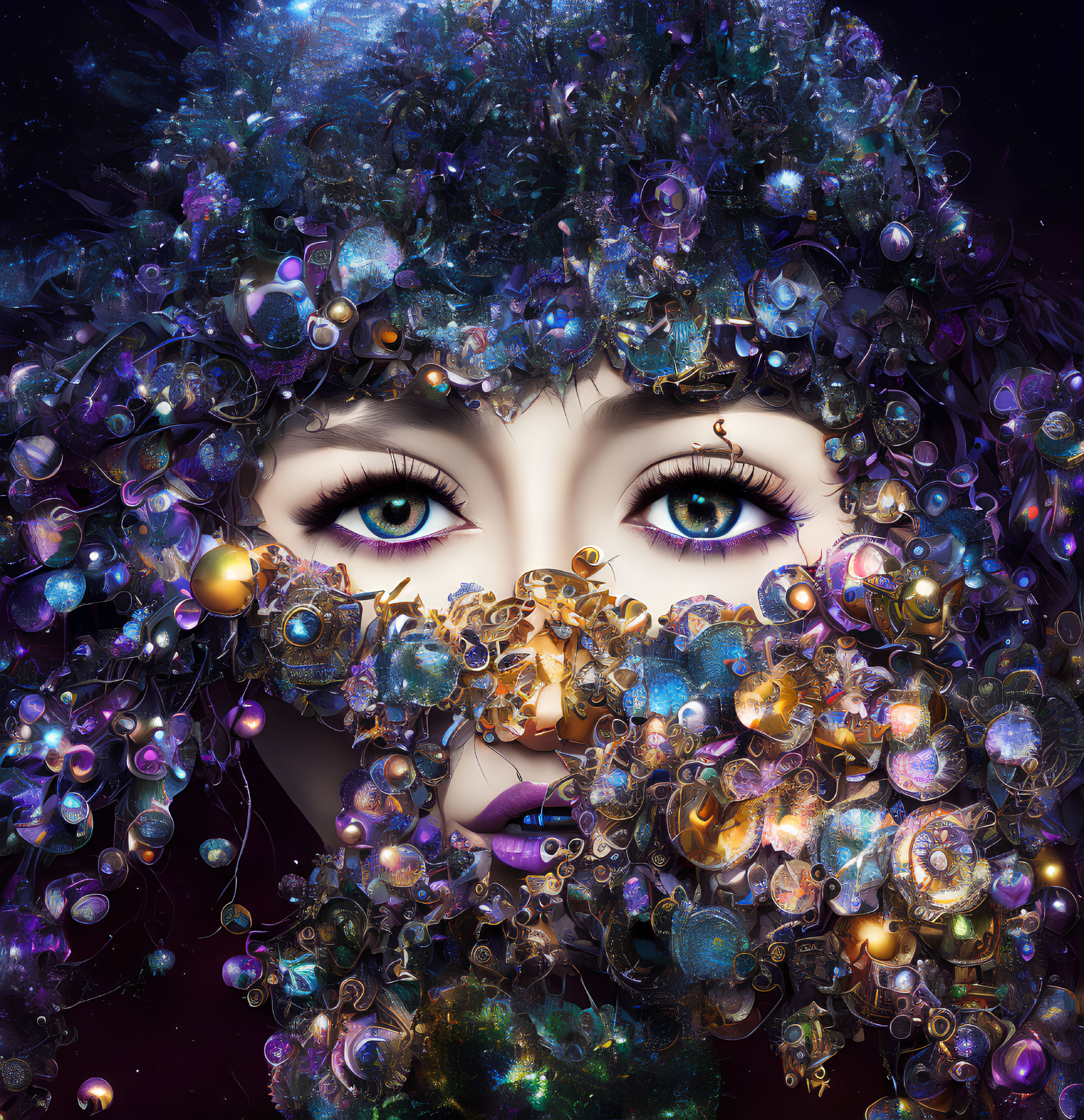 Surreal Female Face with Cosmic Elements and Mechanical Gears in Vibrant Setting