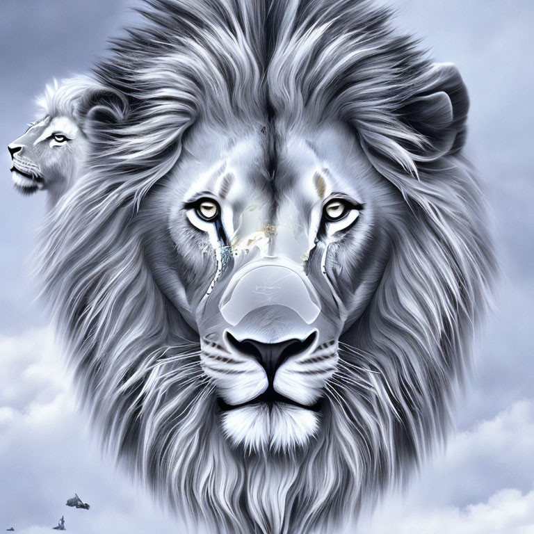 Digital artwork featuring lion's face with stormy sky and smaller lion's face in fur pattern against cloudy
