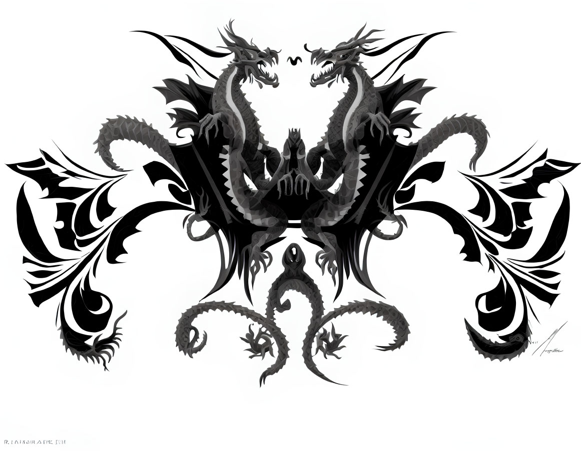 Symmetrical grayscale illustration of intertwined dragons with ornate wings