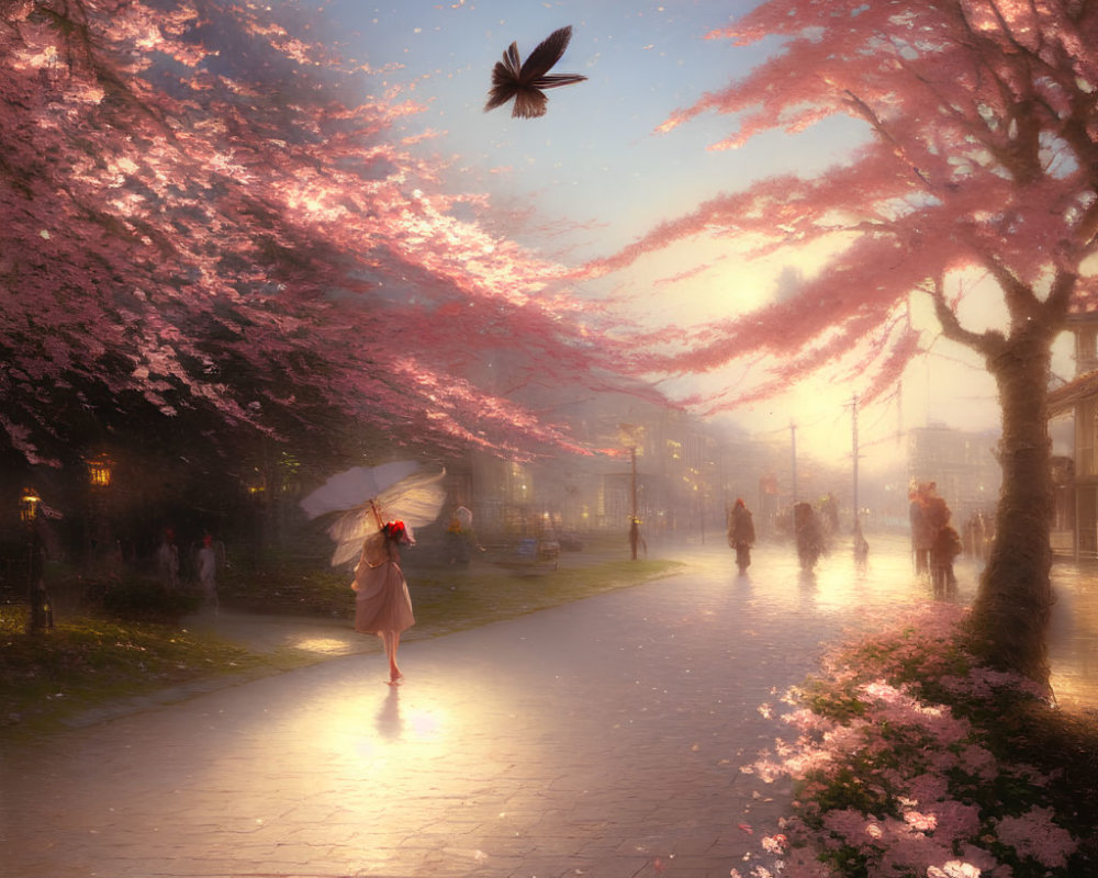 Tranquil woman with umbrella under falling cherry blossoms and bird in warm light