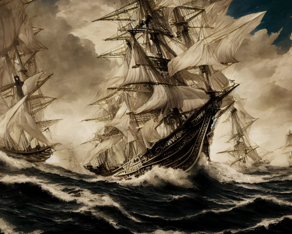 Tall ships sailing through stormy seas with billowing sails