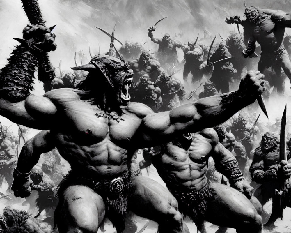 Monochrome illustration of orc-like creatures in battle