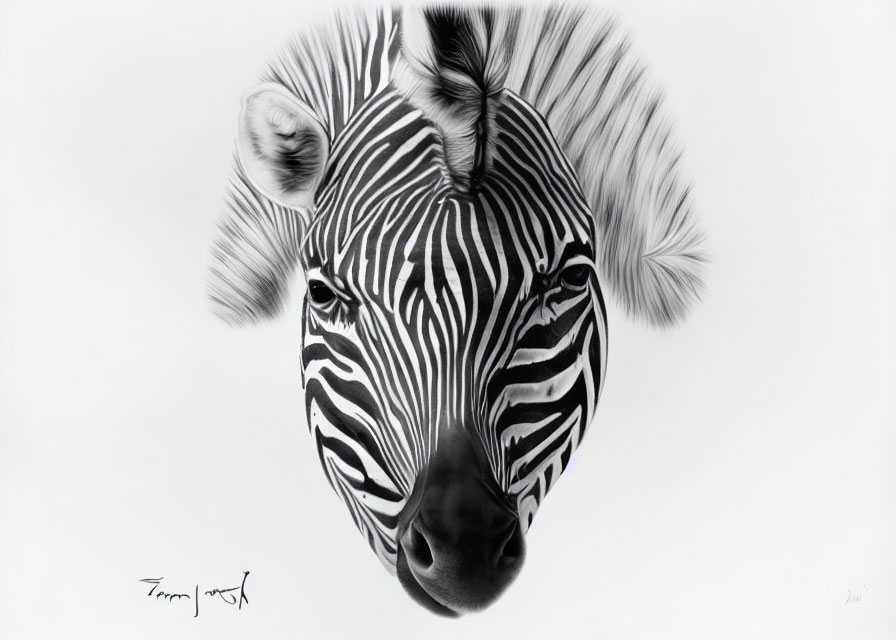 Monochrome zebra face with distinct stripes, eyes, nose, and mane on white background