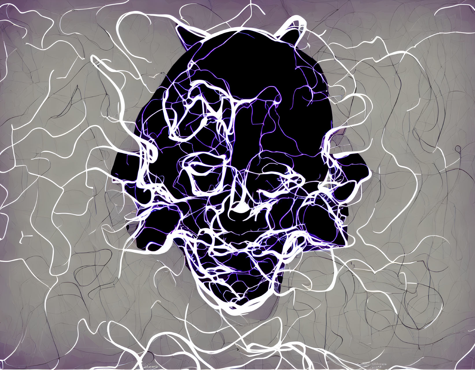 Neon purple skull outline on gray background with white squiggly lines