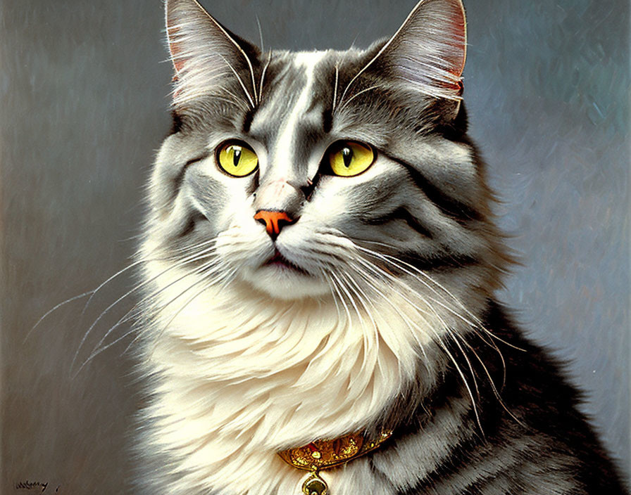 Detailed Painting: Long-Haired Grey & White Cat with Yellow Eyes & Golden Collar