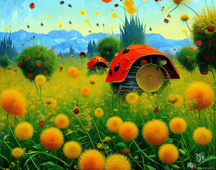 Colorful Ladybug-Themed House Painting in Flower Field
