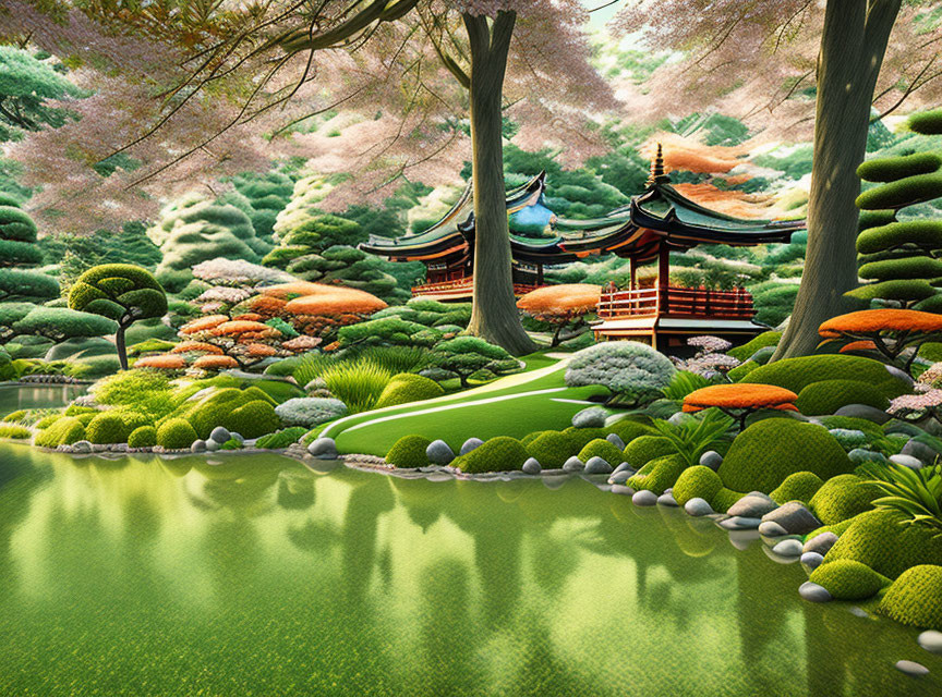 Japanese Garden with Cherry Blossoms, Pond, & Pagodas