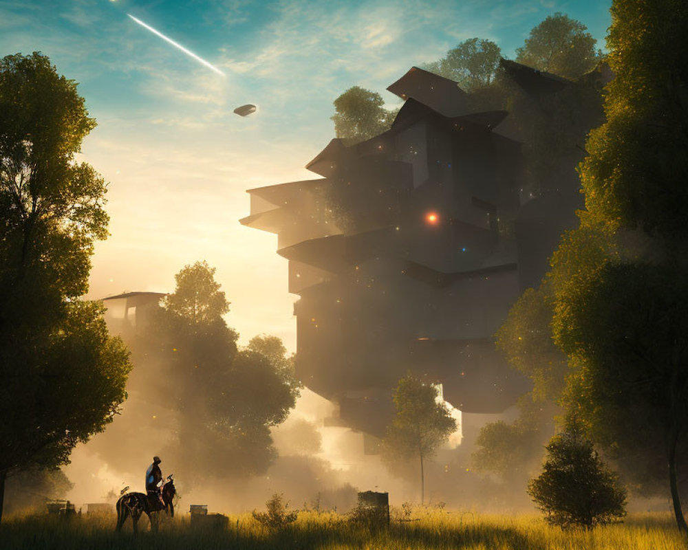 Sci-fi landscape at dawn with person on horseback and floating structure.