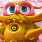 Vibrant digital art of cute fantasy owl creatures on pink backdrop