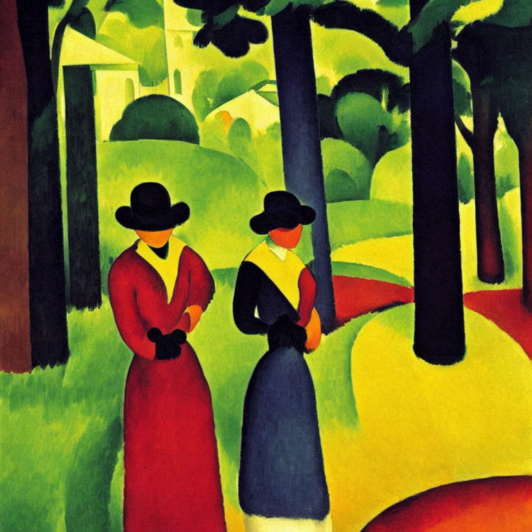Abstract landscape with two figures in hats and colorful trees