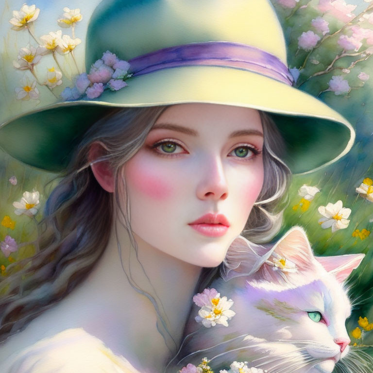 Lady with Flowers and Cat