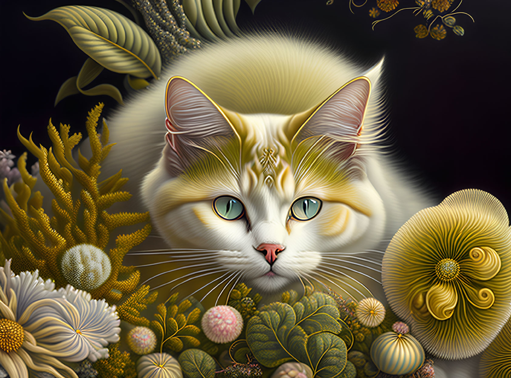 Detailed illustration of white and tan cat with green eyes amid flowers and marine plants