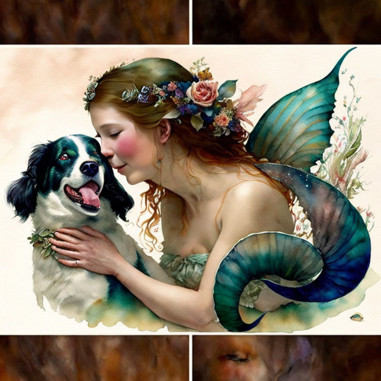 Whimsical illustration of woman with butterfly wings and dog in floral crown