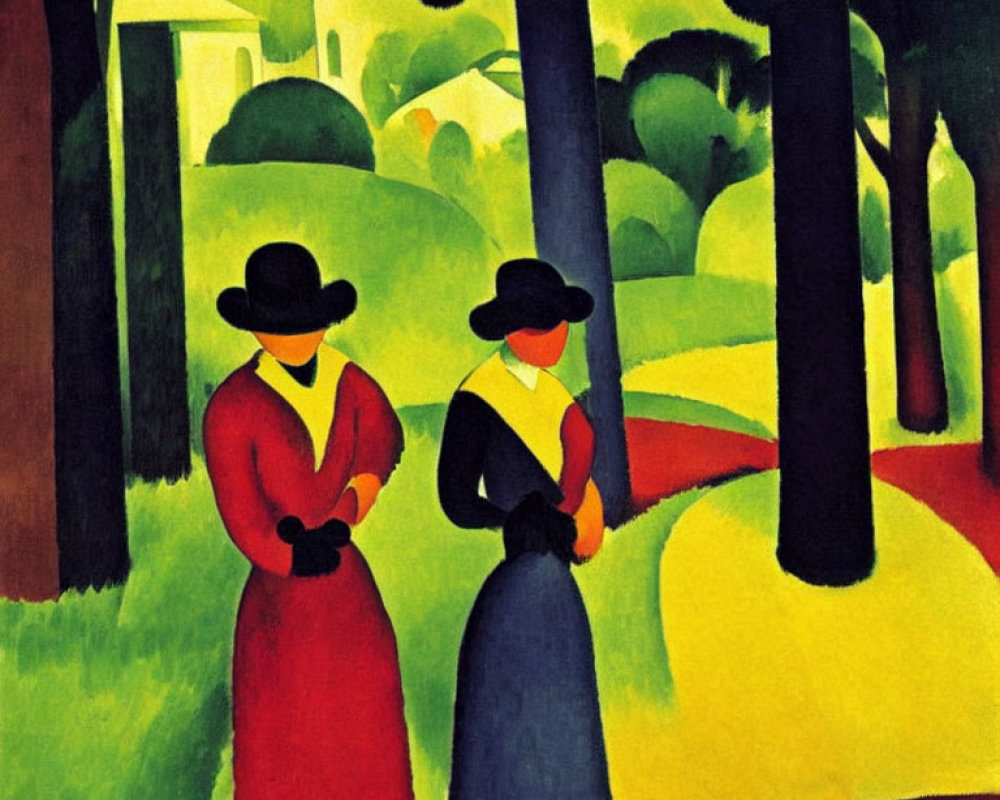 Abstract landscape with two figures in hats and colorful trees