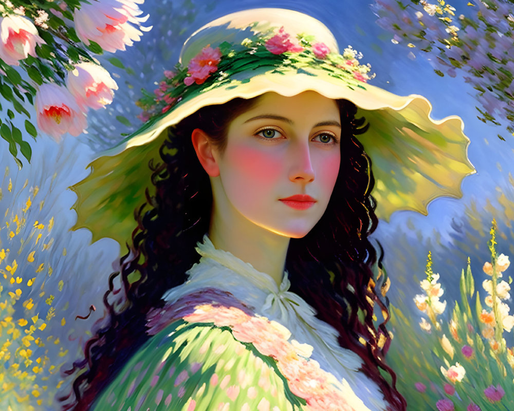Portrait of a Woman in Floral Hat Surrounded by Nature
