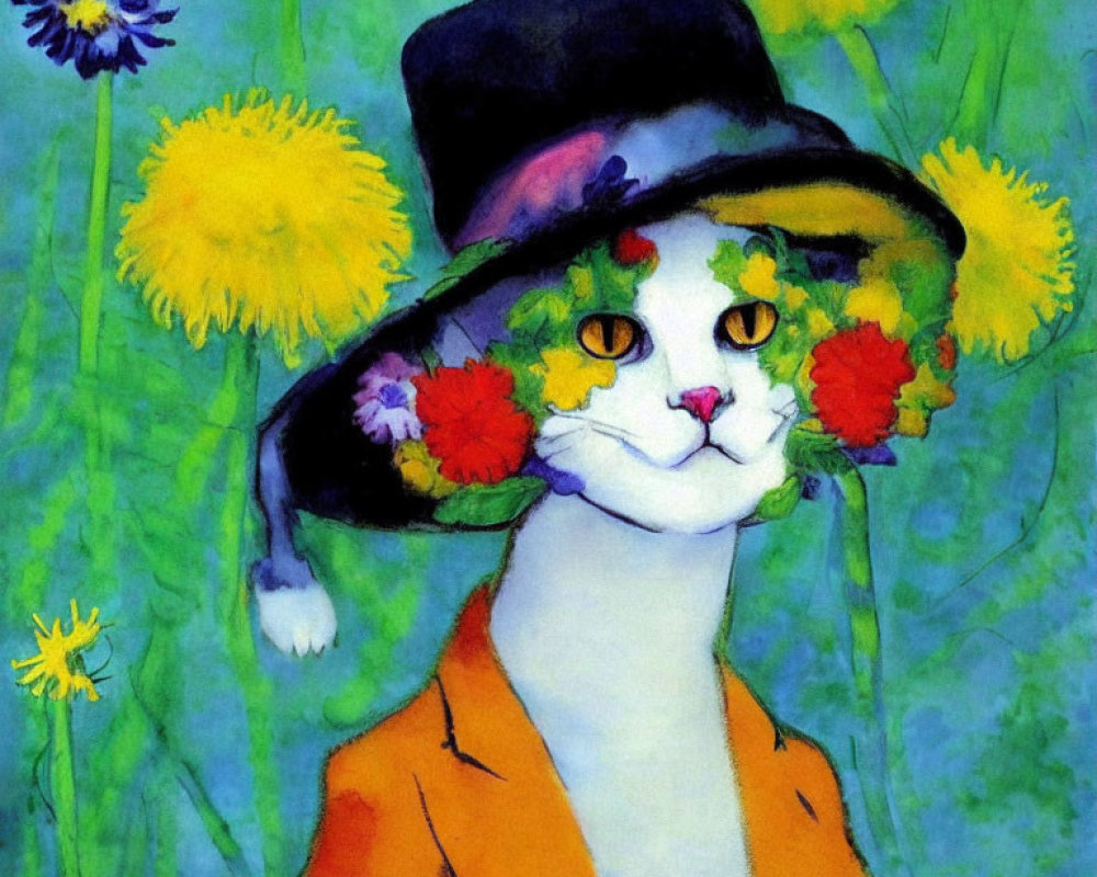 Sophisticated cat in hat and suit on blue background with flowers