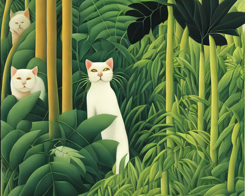 Digital Artwork: White Cats in Bamboo Forest