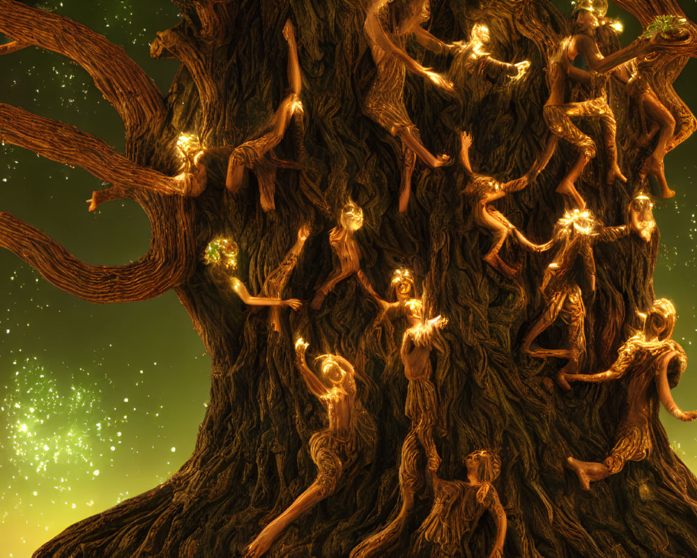 Mystical tree with human-like figures under starry sky emitting green glow