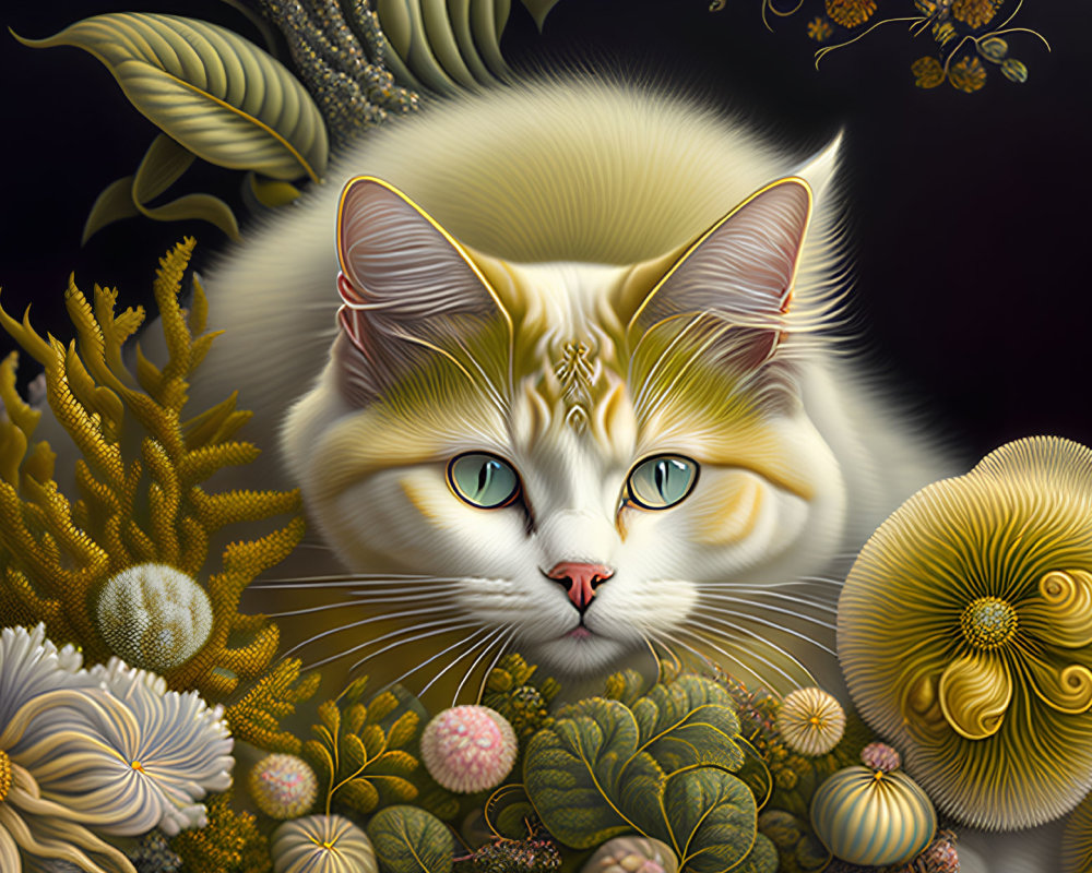 Detailed illustration of white and tan cat with green eyes amid flowers and marine plants