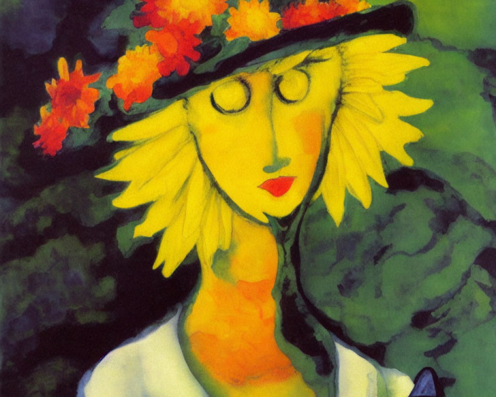 Abstract portrait of figure with yellow hair and red flower hat, holding black cat on green background