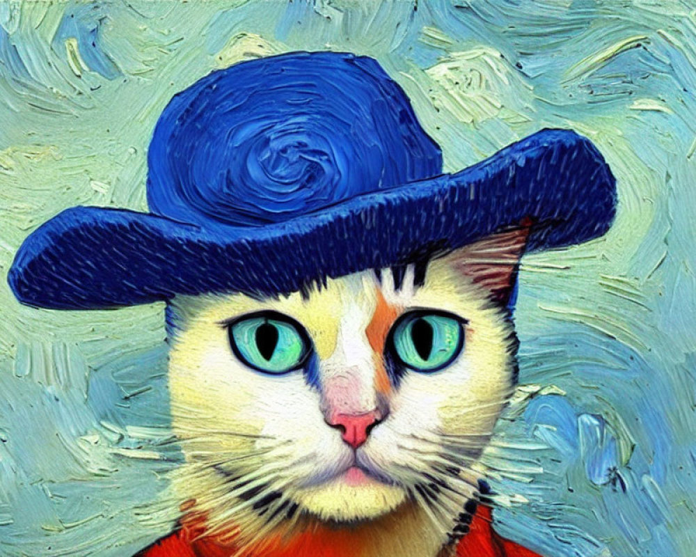 Green-eyed cat in blue hat with rose in vibrant Van Gogh-style painting