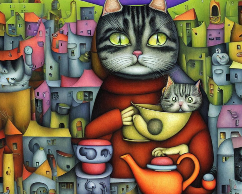 Anthropomorphic cat in red sweater with teapot and small cat in whimsical landscape