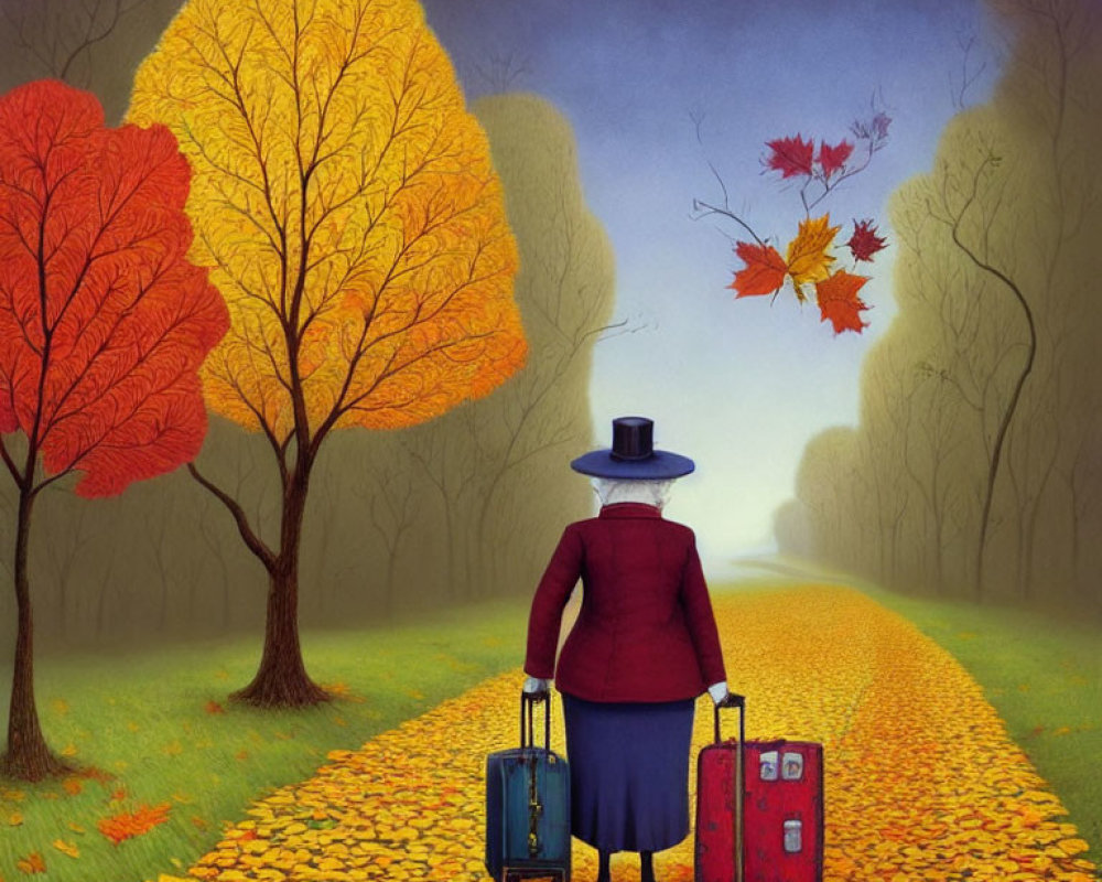 Person in Hat and Coat Walking with Suitcases on Autumn Path