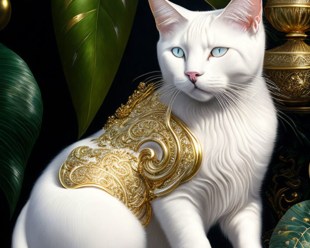 White Cat with Blue Eyes and Golden Embellishment Among Vases and Foliage