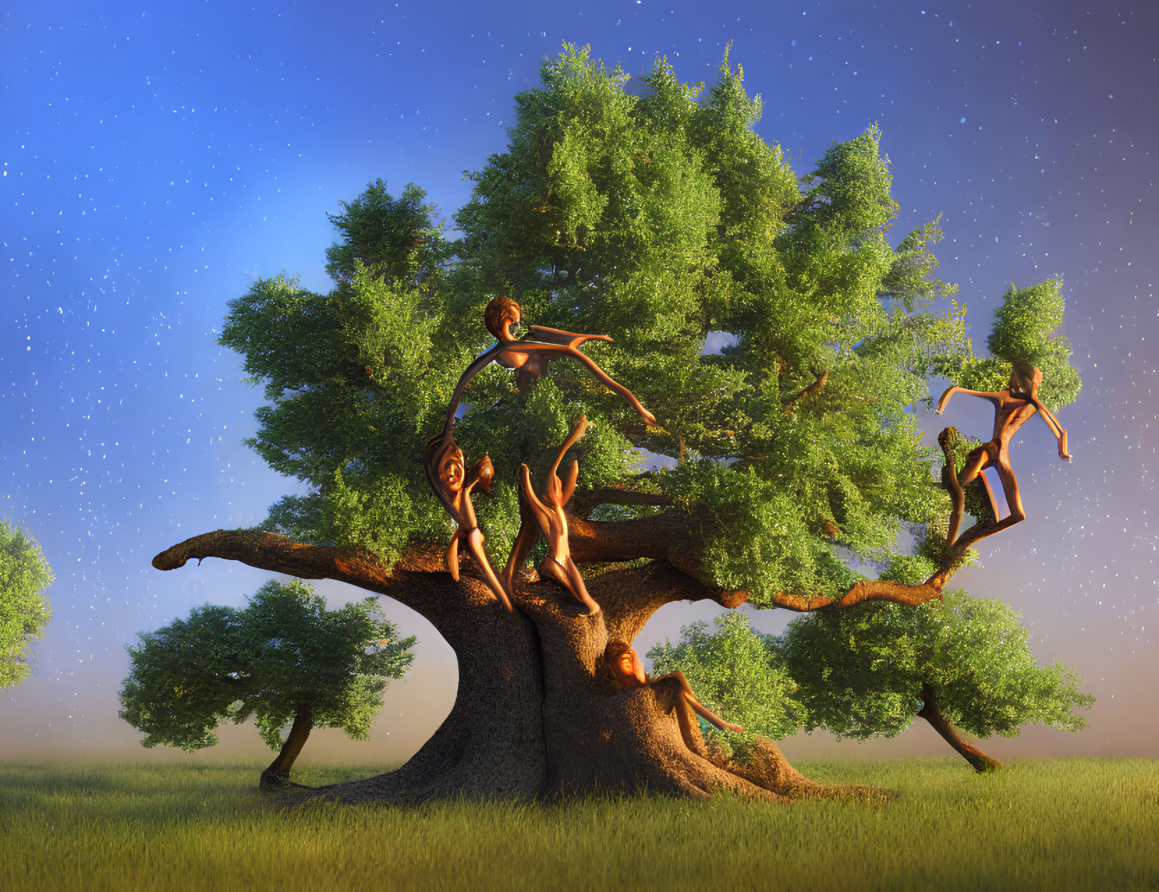 Majestic tree with human-like figures in serene landscape