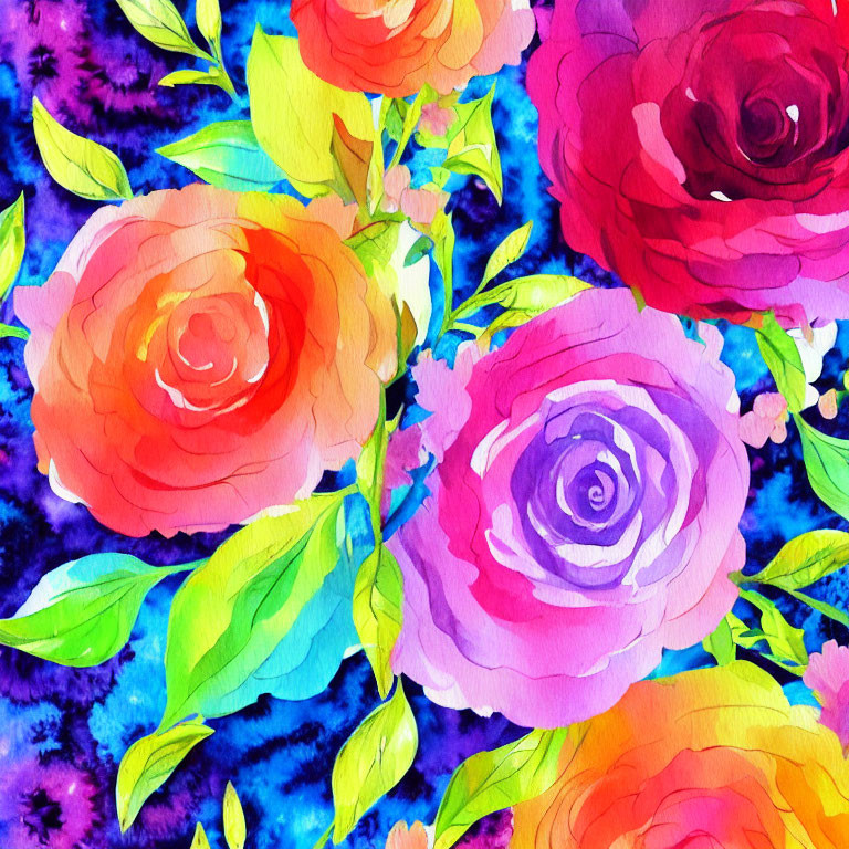 Colorful Watercolor Painting of Multicolored Roses on Textured Background