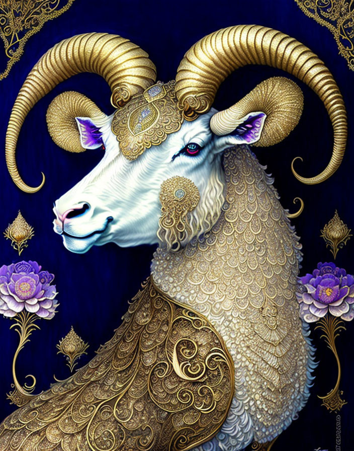 White Ram with Gold Detailing and Red Eye on Blue Background with Purple Flowers