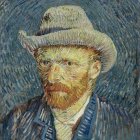 Cat with human-like features in Van Gogh-style painting wearing straw hat and blue jacket against swirling star