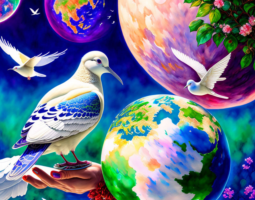 Colorful illustration of hand holding Earth with majestic dove and flying doves among planets and flowers
